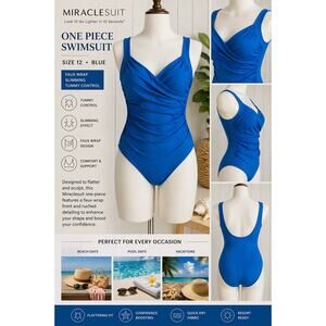 Miraclesuit One Piece Swimsuit Blue Size 12 Faux Wrap Tummy Control Slimming